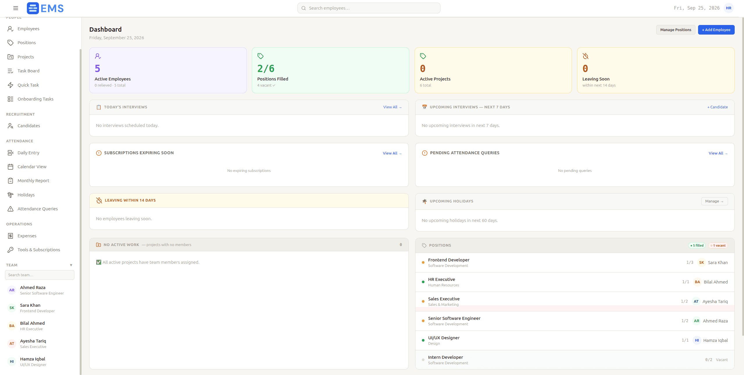 EMS Admin Dashboard View