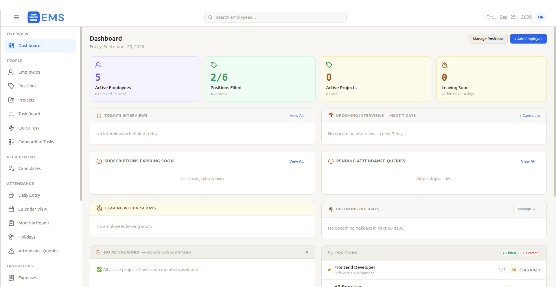EMS Main Dashboard Platform View